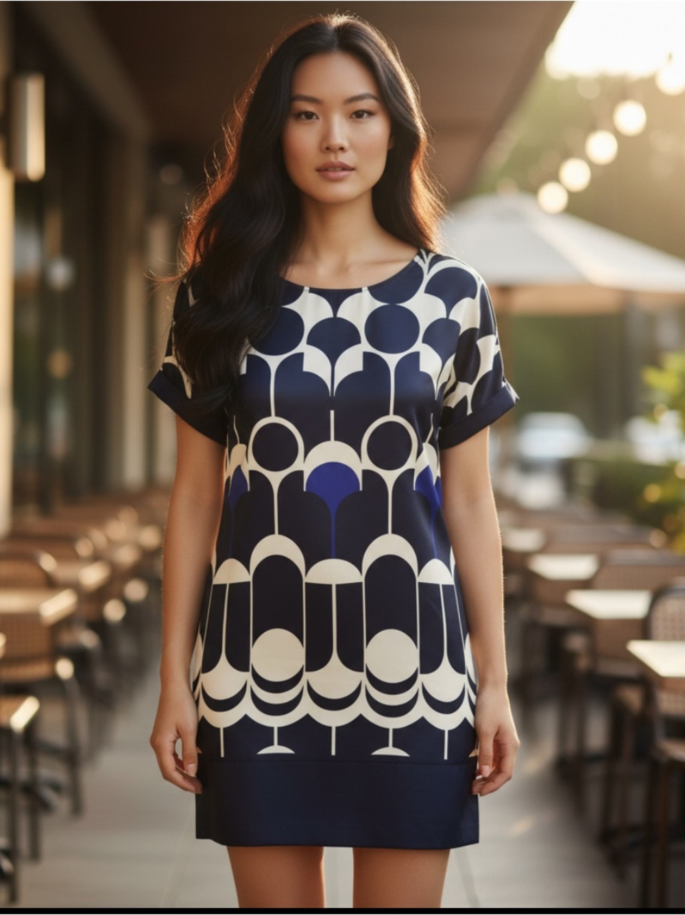 The Limited Navy & White Geometric Cap-Sleeve Tunic